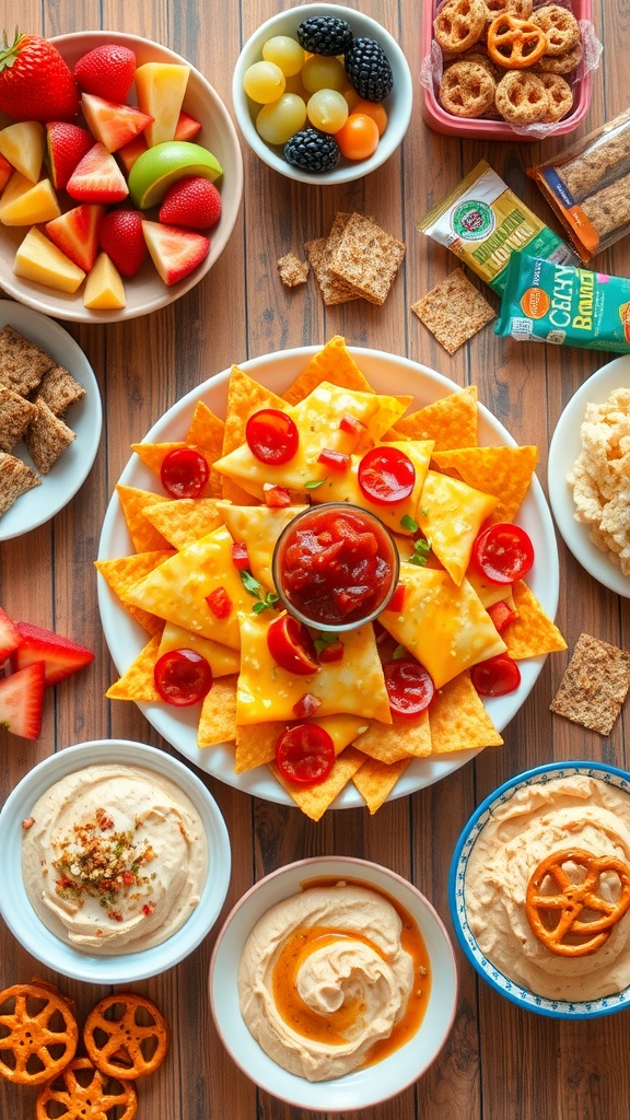 A colorful assortment of snacks including nachos, fresh fruit, granola bars, and hummus with pretzels on a wooden table.